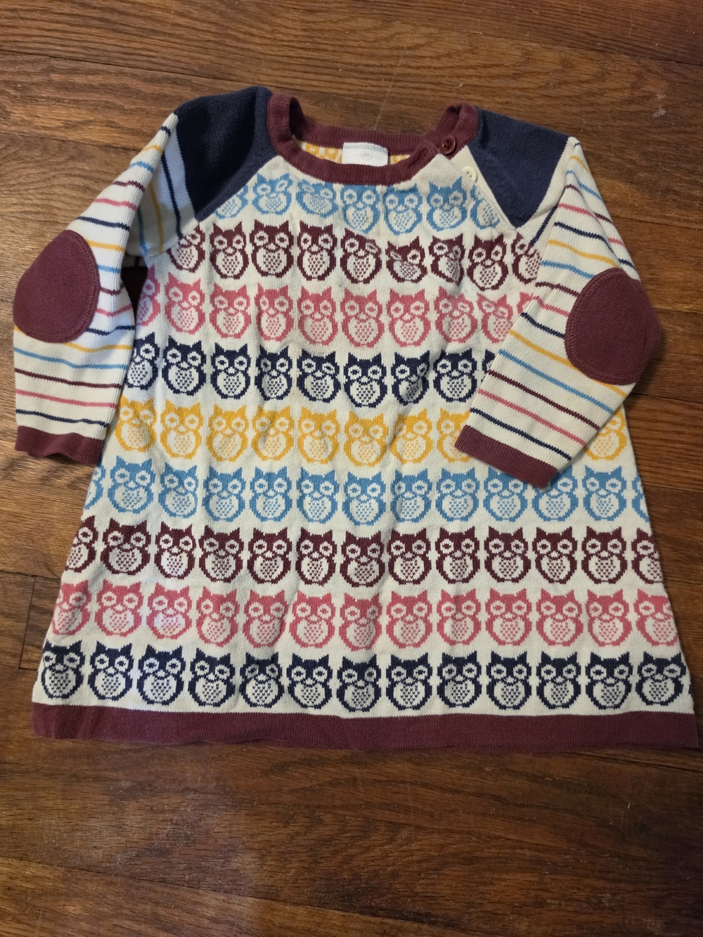 Hannah Andersson Girls' Multicolor Owl Knit Dress with Burgundy Accents